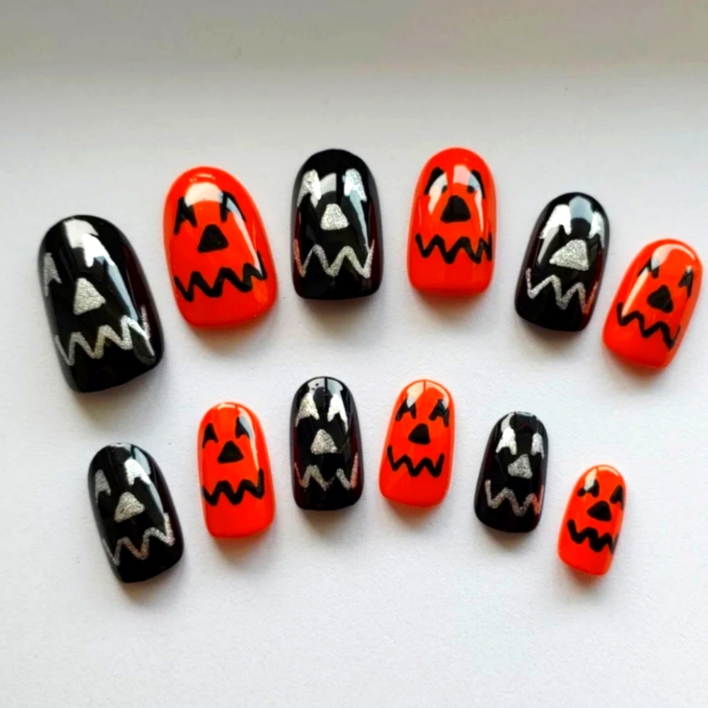 Halloween Pumpkin Nails - Spooky Press On Nails New Hand Painted